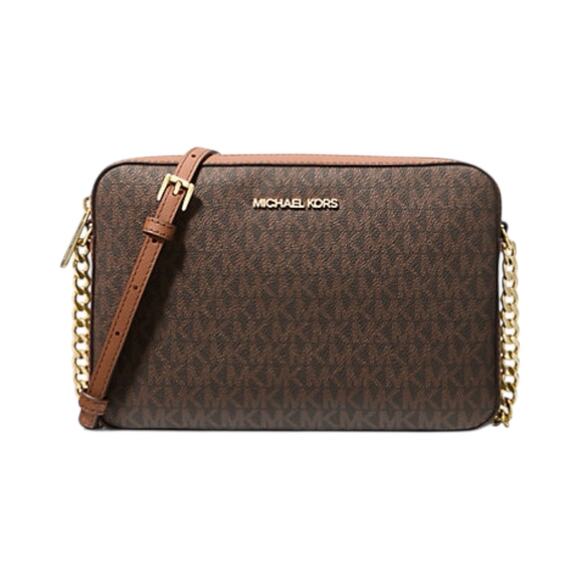 Michael Kors Jet Set Large Logo Crossbody Bag Brown MK Chain Strap